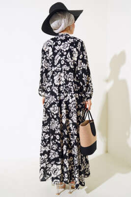  Yarı Patlı Kolu Ucu Lastikli Elbise Siyah - Tesettür Elbise