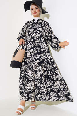  Yarı Patlı Kolu Ucu Lastikli Elbise Siyah - Tesettür Elbise