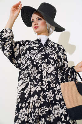  Yarı Patlı Kolu Ucu Lastikli Elbise Siyah - Tesettür Elbise