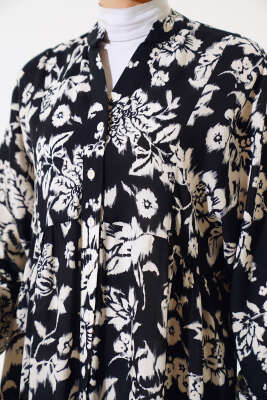  Yarı Patlı Kolu Ucu Lastikli Elbise Siyah - Tesettür Elbise