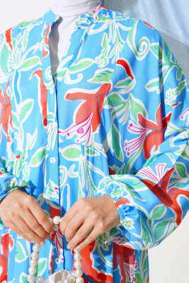 Yarı Patlı Önden Düğmeli Karışık Desenli Elbise Mavi - Tesettür Elbise