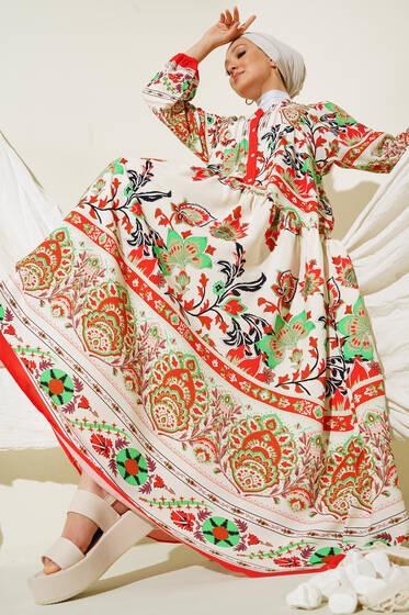 Yarı Patlı Otantik Desenli Elbise Alizarin - Tesettür Elbise