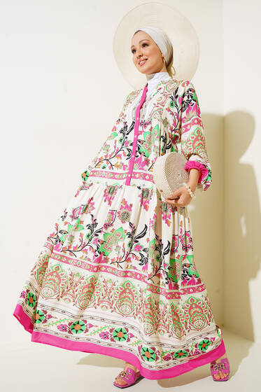 Yarı Patlı Otantik Desenli Elbise Fusya - Tesettür Elbise