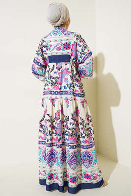 Yarı Patlı Otantik Desenli Elbise Lacivert - Thumbnail