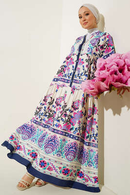 Yarı Patlı Otantik Desenli Elbise Lacivert - Thumbnail