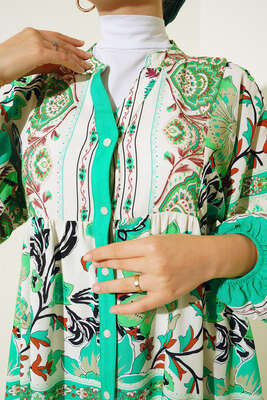 Yarı Patlı Otantik Desenli Elbise Yeşil - Thumbnail