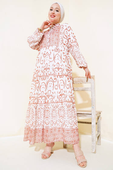 Yarıdan Düğmeli Şifon Elbise Latte - Elbise