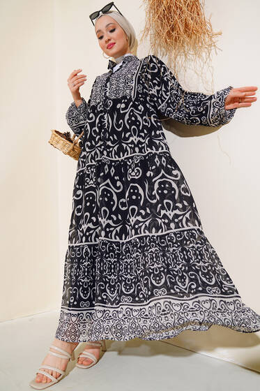 Yarıdan Düğmeli Şifon Elbise Siyah - Elbise