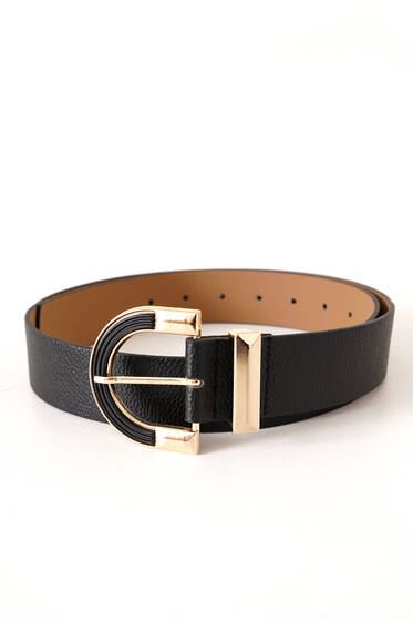 Yarım Ay Tokalı Kemer Siyah Gold - Deri Kemer