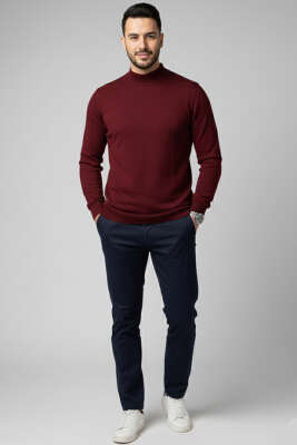 Yarım Balıkçı Basic Erkek Triko Kazak Bordo - Erkek Kazak