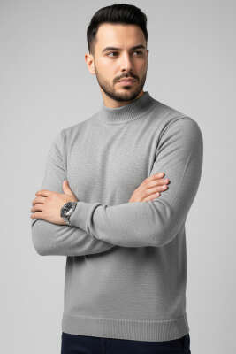 Yarım Balıkçı Basic Erkek Triko Kazak Gri 