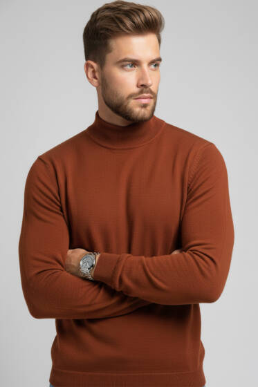 Yarım Balıkçı Basic Erkek Triko Kazak Kiremit - Erkek Kazak