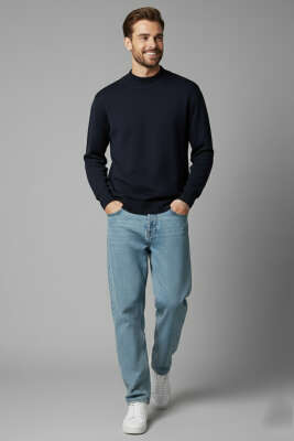 Yarım Balıkçı Basic Erkek Triko Kazak Lacivert - Erkek Kazak