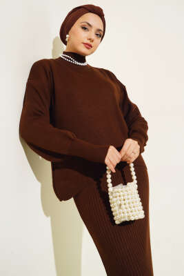 Yarım Balıkçı Fitilli Jileli İkili Takım Kahve - Triko İkili Takım