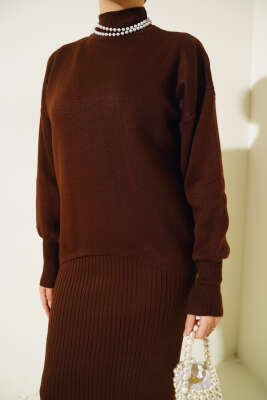 Yarım Balıkçı Fitilli Jileli İkili Takım Kahve - Triko İkili Takım