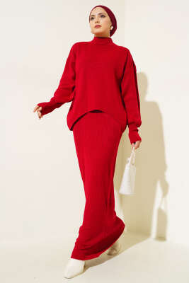 Yarım Balıkçı Fitilli Jileli İkili Takım Kırmızı - Triko İkili Takım