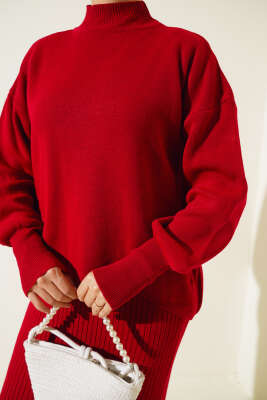 Yarım Balıkçı Fitilli Jileli İkili Takım Kırmızı - Triko İkili Takım