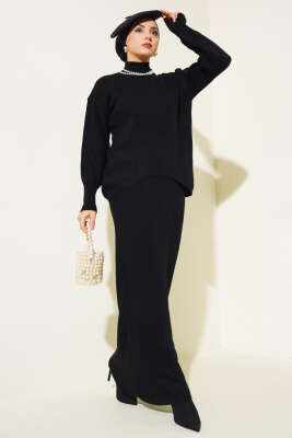 Yarım Balıkçı Fitilli Jileli İkili Takım Siyah - Triko İkili Takım