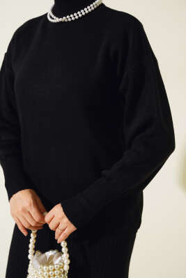 Yarım Balıkçı Fitilli Jileli İkili Takım Siyah - Triko İkili Takım