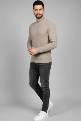 Yarım Balıkçı Örgü Triko Erkek Kazak Bej - Erkek Kazak