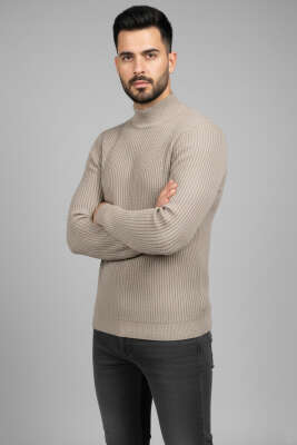 Yarım Balıkçı Örgü Triko Erkek Kazak Bej 