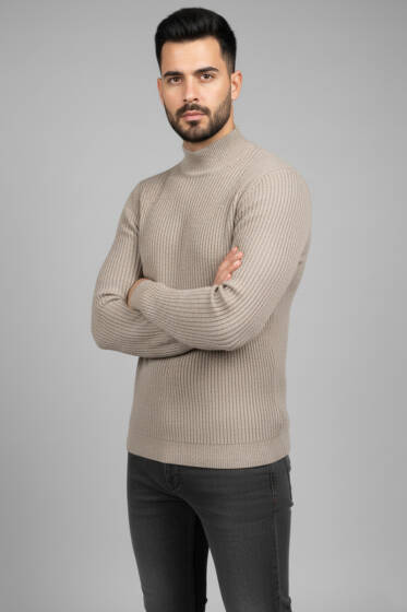 Yarım Balıkçı Örgü Triko Erkek Kazak Bej - Erkek Kazak