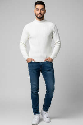 Yarım Balıkçı Örgü Triko Erkek Kazak Beyaz - Erkek Kazak