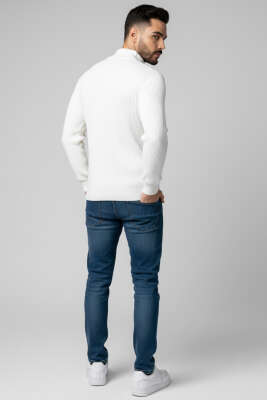 Yarım Balıkçı Örgü Triko Erkek Kazak Beyaz - Erkek Kazak