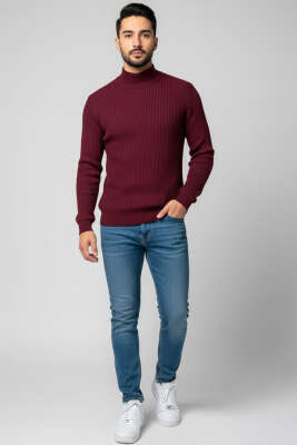 Yarım Balıkçı Örgü Triko Erkek Kazak Bordo - Erkek Kazak