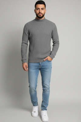 Yarım Balıkçı Örgü Triko Erkek Kazak Füme - Erkek Kazak