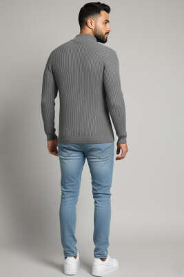 Yarım Balıkçı Örgü Triko Erkek Kazak Füme - Erkek Kazak