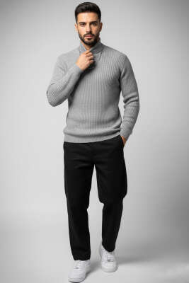 Yarım Balıkçı Örgü Triko Erkek Kazak Gri - Erkek Kazak