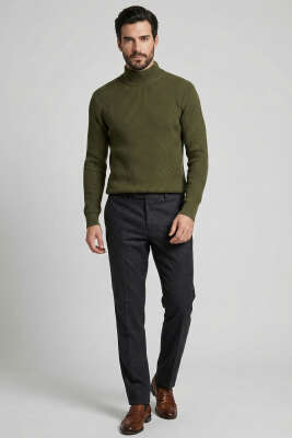 Yarım Balıkçı Örgü Triko Erkek Kazak Haki - Erkek Kazak