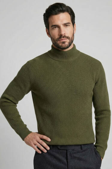 Yarım Balıkçı Örgü Triko Erkek Kazak Haki - Erkek Kazak