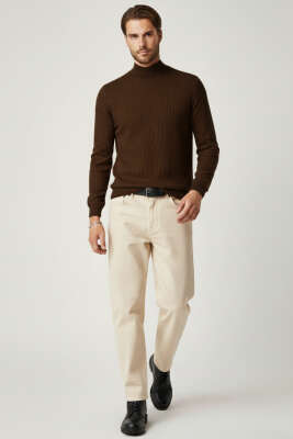 Yarım Balıkçı Örgü Triko Erkek Kazak Kahve - Erkek Kazak