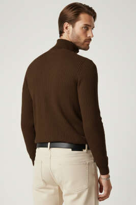 Yarım Balıkçı Örgü Triko Erkek Kazak Kahve - Erkek Kazak