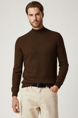 Yarım Balıkçı Örgü Triko Erkek Kazak Kahve - BETEKS