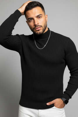 Yarım Balıkçı Örgü Triko Erkek Kazak Siyah 