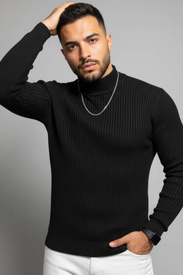 Yarım Balıkçı Örgü Triko Erkek Kazak Siyah - Erkek Kazak