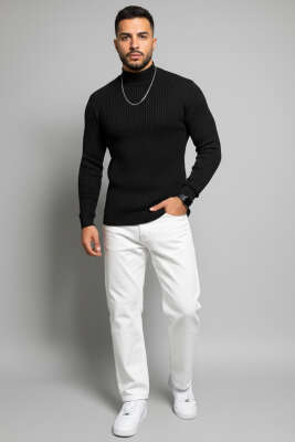 Yarım Balıkçı Örgü Triko Erkek Kazak Siyah - Erkek Kazak