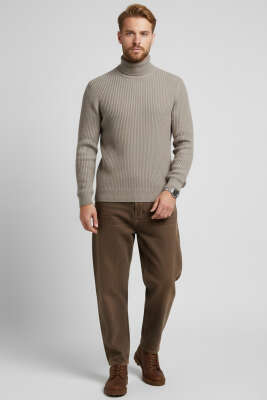 Yarım Balıkçı Örgü Triko Erkek Kazak Vizon - Erkek Kazak