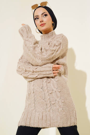 Yarım Balıkçı Salaş Triko Tunik Latte - Tunik