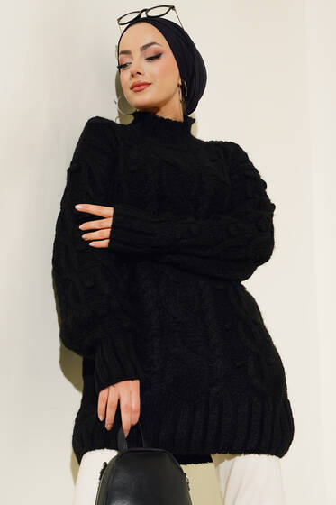 Yarım Balıkçı Salaş Triko Tunik Siyah - Tunik