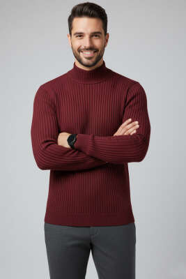 Yarım Balıkçı Yaka Erkek Triko Kazak Bordo - YNR YENER TRİKO