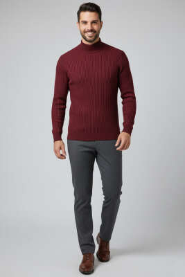 Yarım Balıkçı Yaka Erkek Triko Kazak Bordo - Erkek Kazak