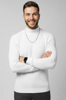 Yarım Balıkçı Yaka Erkek Triko Kazak Ekru 