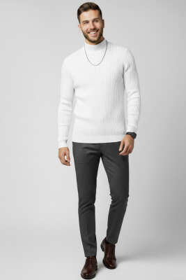 Yarım Balıkçı Yaka Erkek Triko Kazak Ekru - Yılın Fırsatı