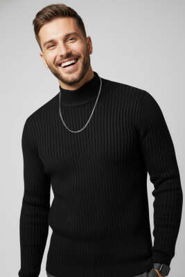 Yarım Balıkçı Yaka Erkek Triko Kazak Siyah 