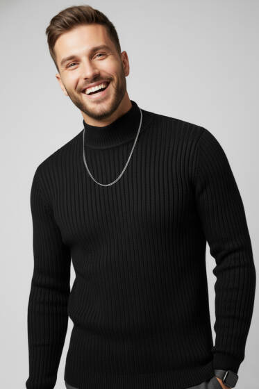 Yarım Balıkçı Yaka Erkek Triko Kazak Siyah - Yılın Fırsatı