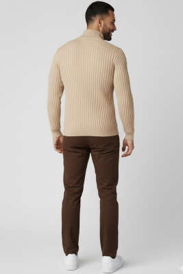 Yarım Balıkçı Yaka Fitilli Erkek Triko Kazak Bej - Erkek Kazak